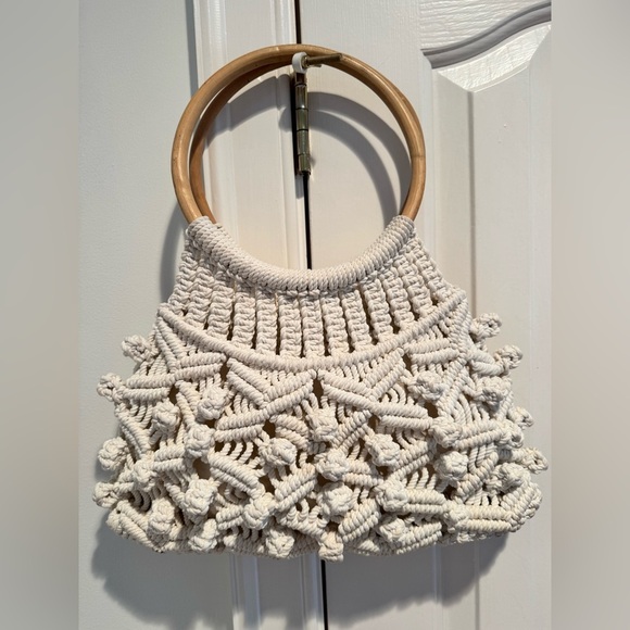 Handbags - Vintage Handcrafted Cream Macramé Bag with Wooden Handles